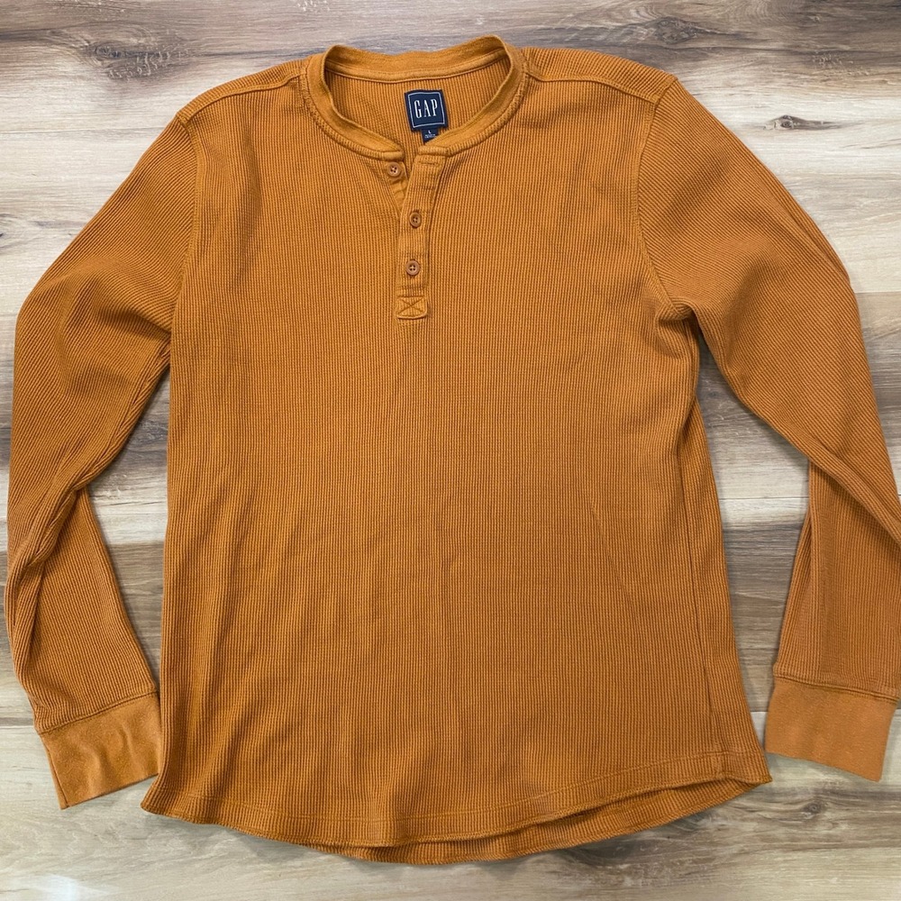 Gap Henley Shirt Large Waffle Knit Cotton Blend Long Sleeve Golden Oak Orange